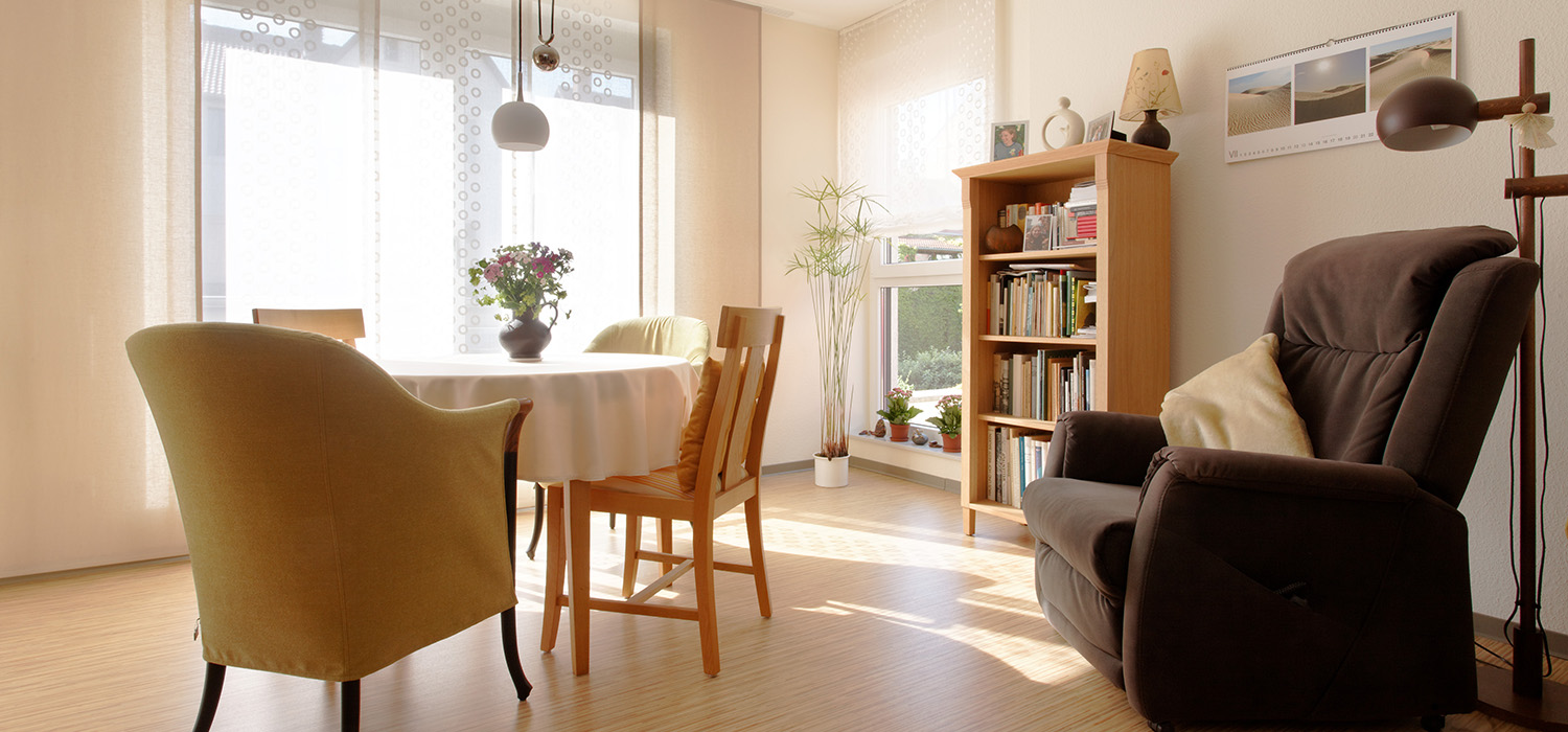 Helles Wohnzimmer mit Sessel, Essgruppe, Bücherregal und bodentiefen Fenstern