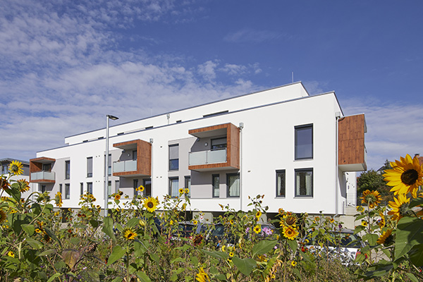 Gebäude der Wohngemeinschaft Detmold mit Sonnenblumen